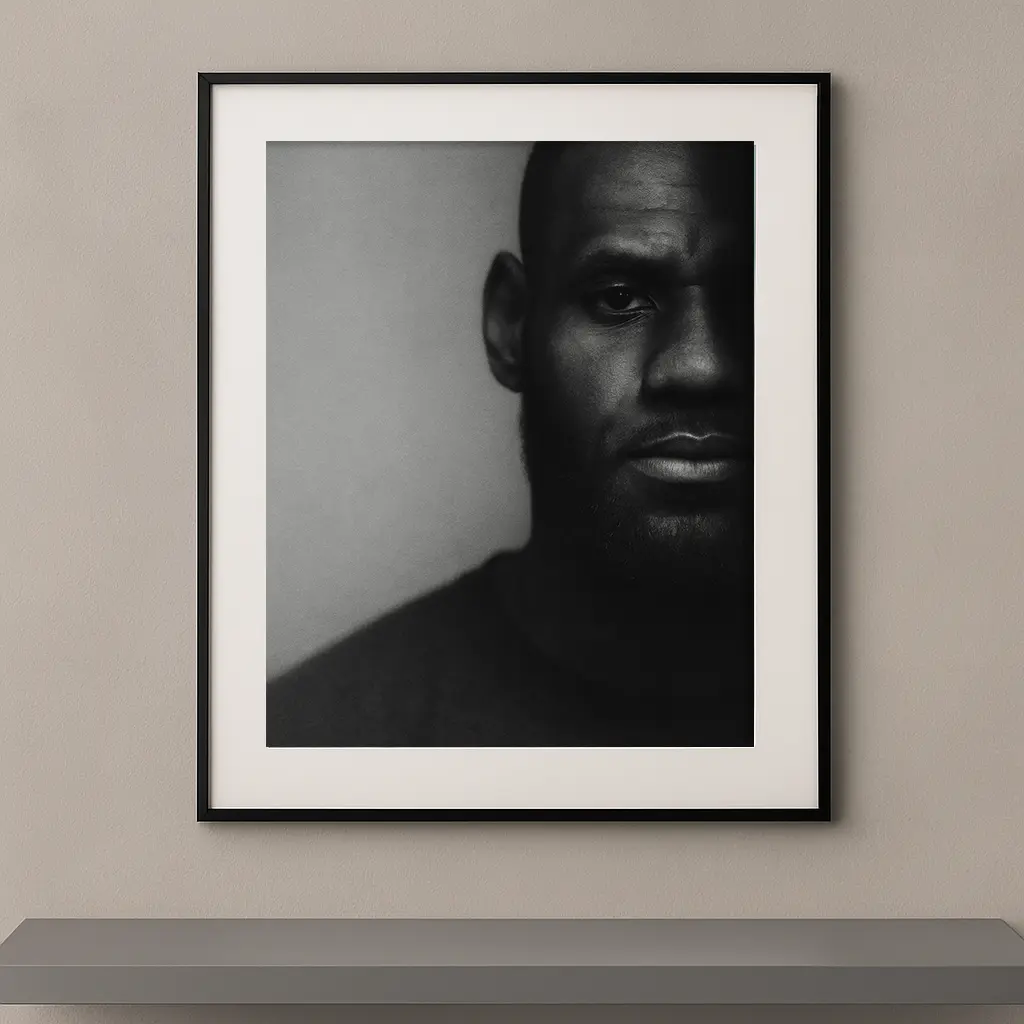 Tableau portrait noir et blanc de LeBron James en clair-obscur