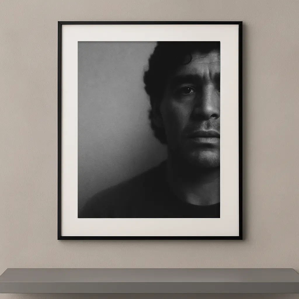 Tableau portrait noir et blanc de Diego Maradona en clair-obscur
