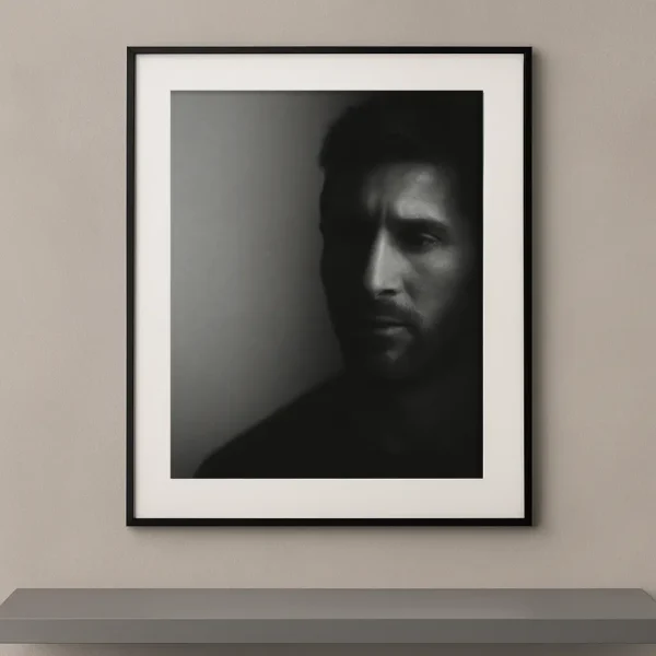 Tableau portrait noir et blanc de Lionel Messi dans un clair-obscur profond