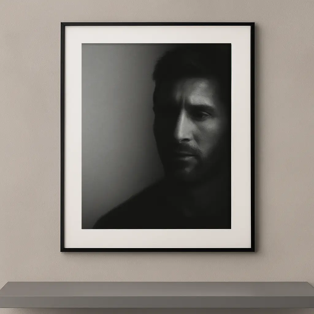 Tableau portrait noir et blanc de Lionel Messi dans un clair-obscur profond