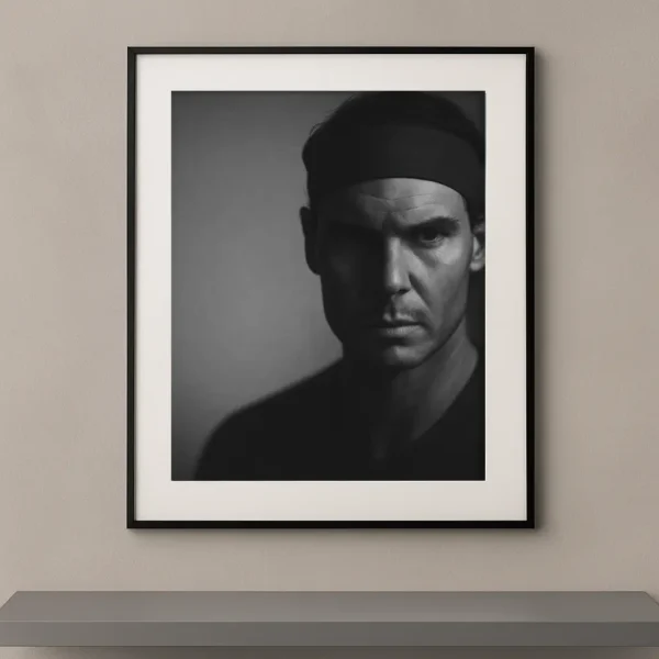 Tableau portrait noir et blanc de Rafael Nadal au regard intense