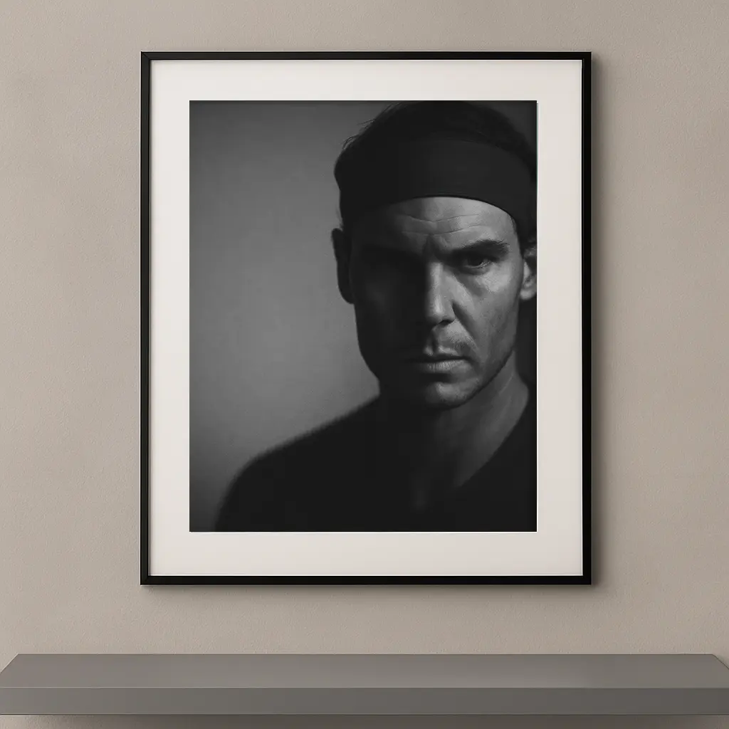 Tableau portrait noir et blanc de Rafael Nadal au regard intense