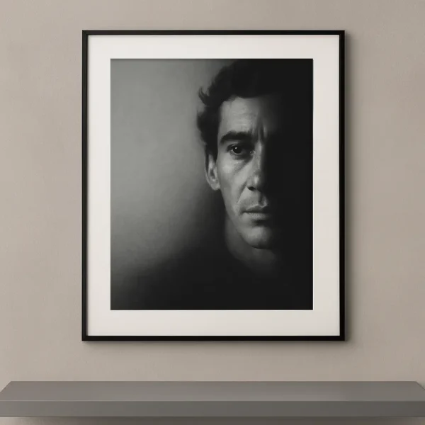 Tableau portrait noir et blanc d'Ayrton Senna en clair-obscur