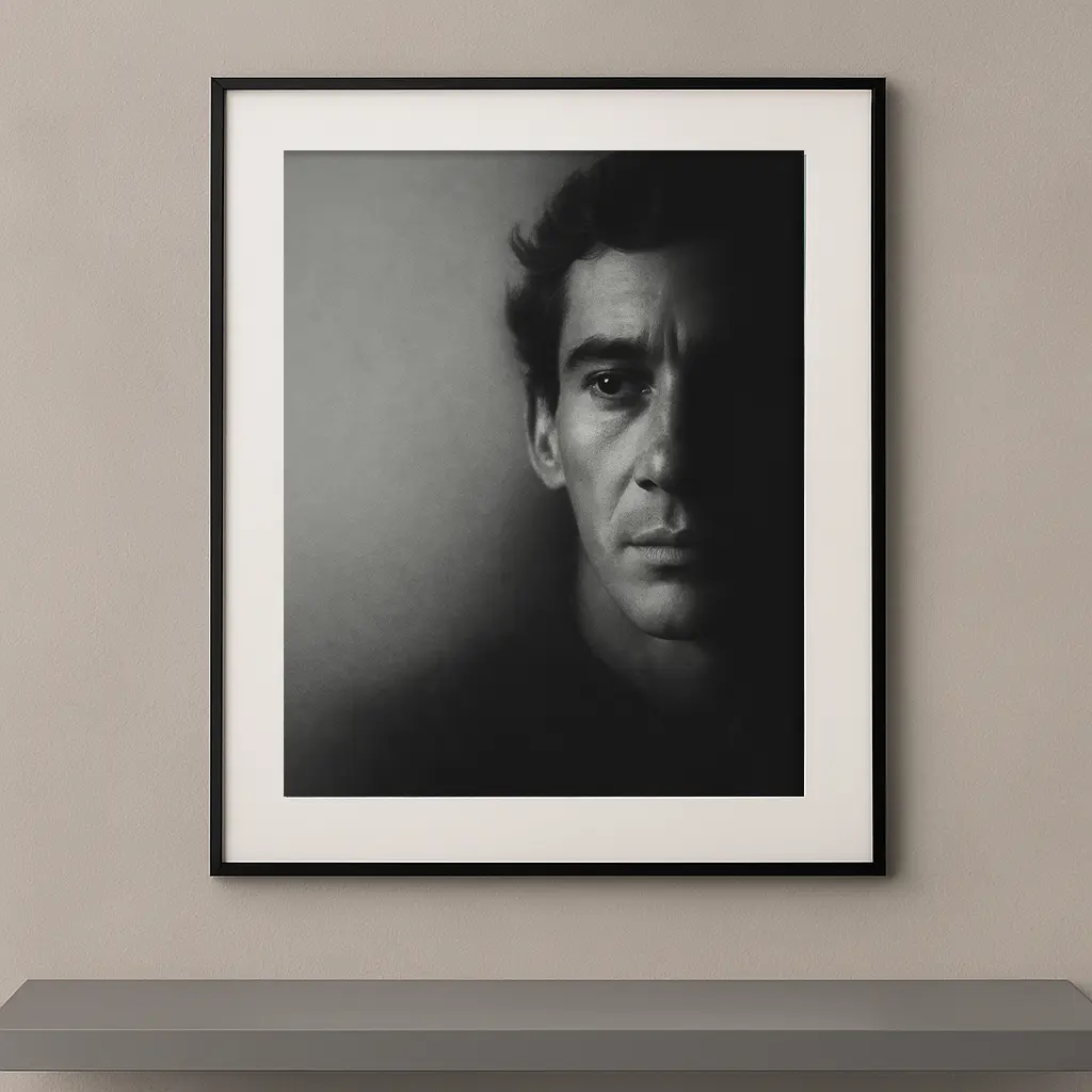 Tableau portrait noir et blanc d'Ayrton Senna en clair-obscur