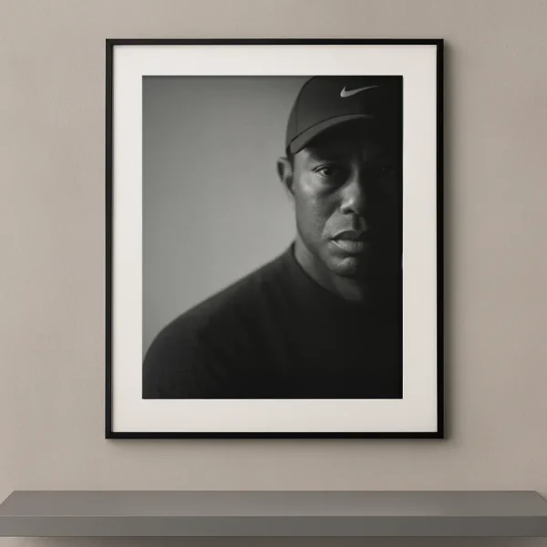 Tableau portrait noir et blanc de Tiger Woods au regard intense