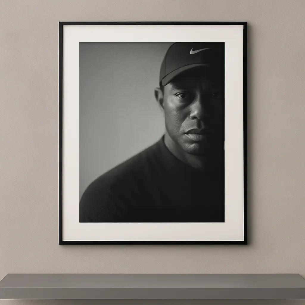Tableau portrait noir et blanc de Tiger Woods au regard intense