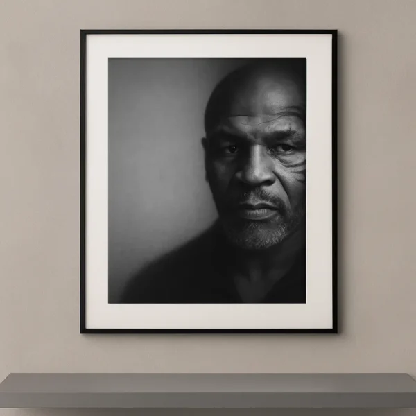 Tableau portrait noir et blanc de Mike Tyson au regard intense