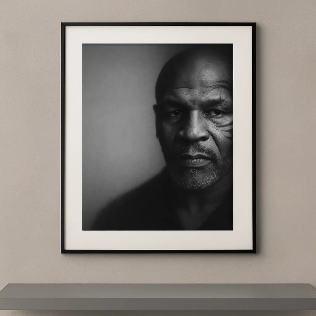 Tableau portrait noir et blanc de Mike Tyson au regard intense