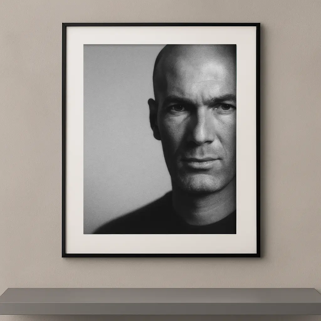 Tableau portrait noir et blanc de Zinédine Zidane au regard frontal
