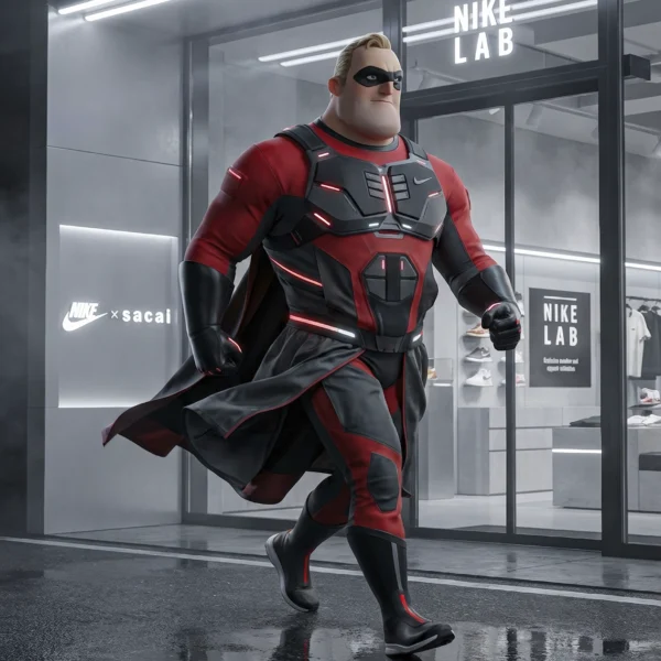 Power Hero – Urban Lab, super héros cartoon devant une boutique sport urbaine haut de gamme, art mural premium