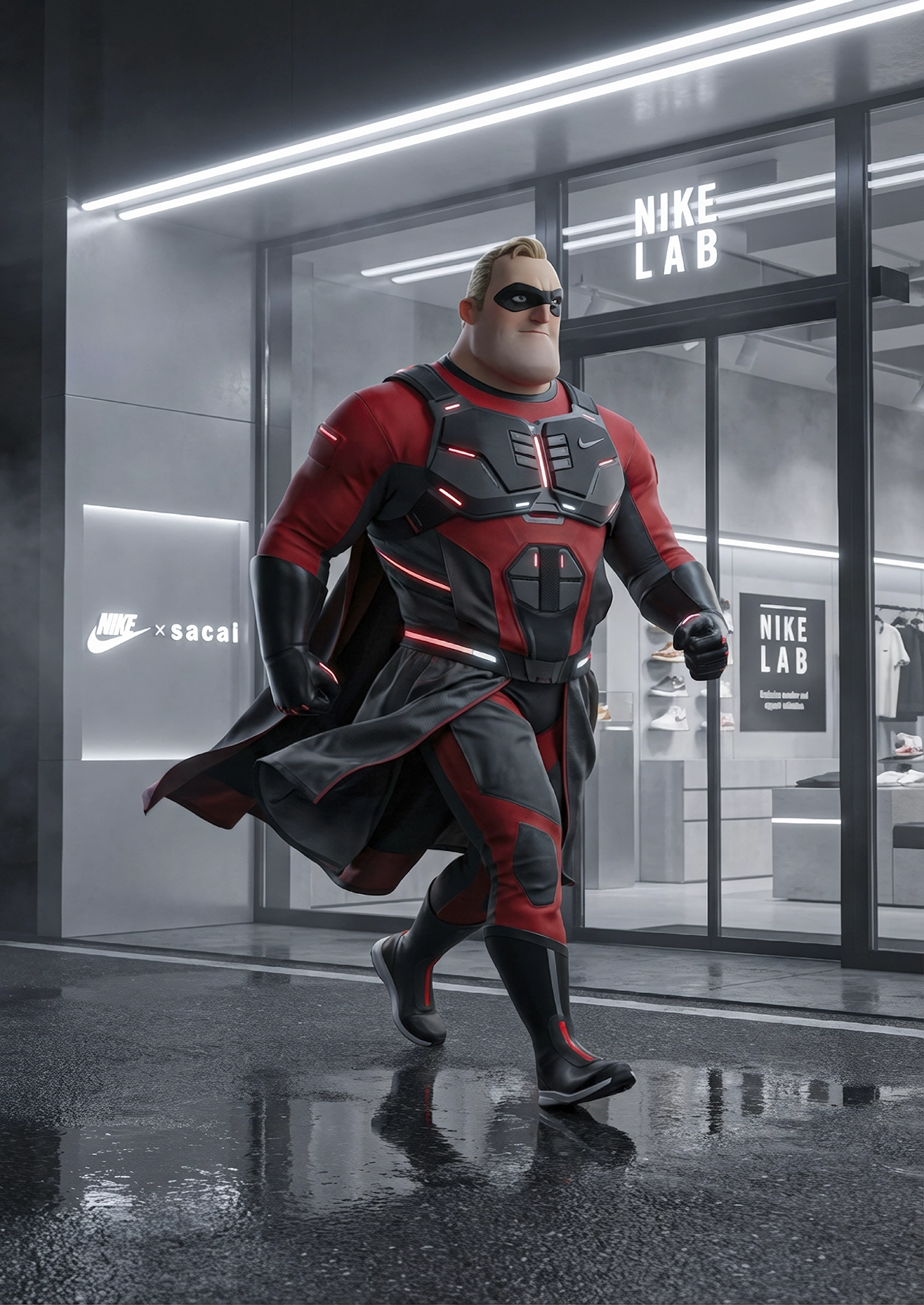 Power Hero – Urban Lab, super héros cartoon devant une boutique sport urbaine haut de gamme, art mural premium