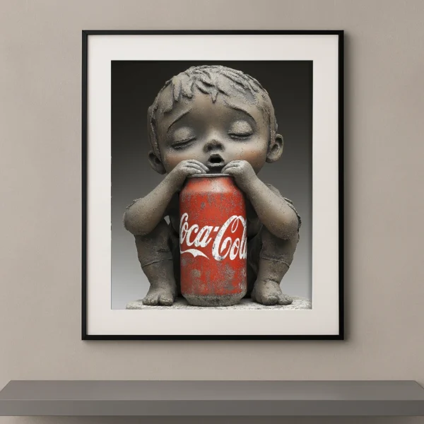 Première Gorgée, sculpture d’un enfant tenant une grande canette rouge dans une composition pop art