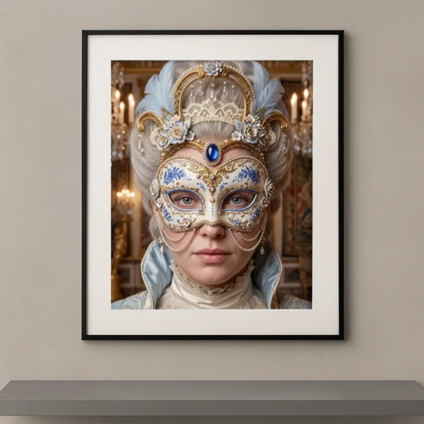 Portrait d'une femme portant un masque vénitien en porcelaine blanche décoré de fleurs bleues, de dorures, de perles et d'une pierre saphir, inspiré du Carnaval de Venise.