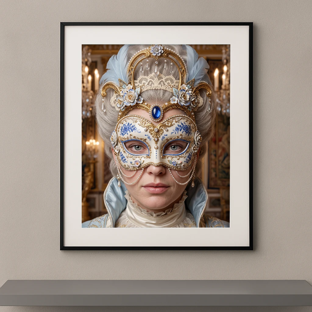 Portrait d'une femme portant un masque vénitien en porcelaine blanche décoré de fleurs bleues, de dorures, de perles et d'une pierre saphir, inspiré du Carnaval de Venise.