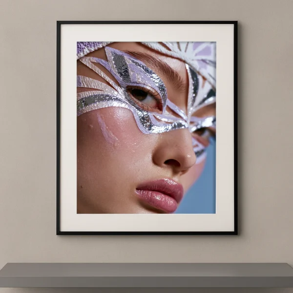 Portrait artistique en gros plan d'une femme portant un maquillage graphique argenté aux formes géométriques métalliques autour des yeux.