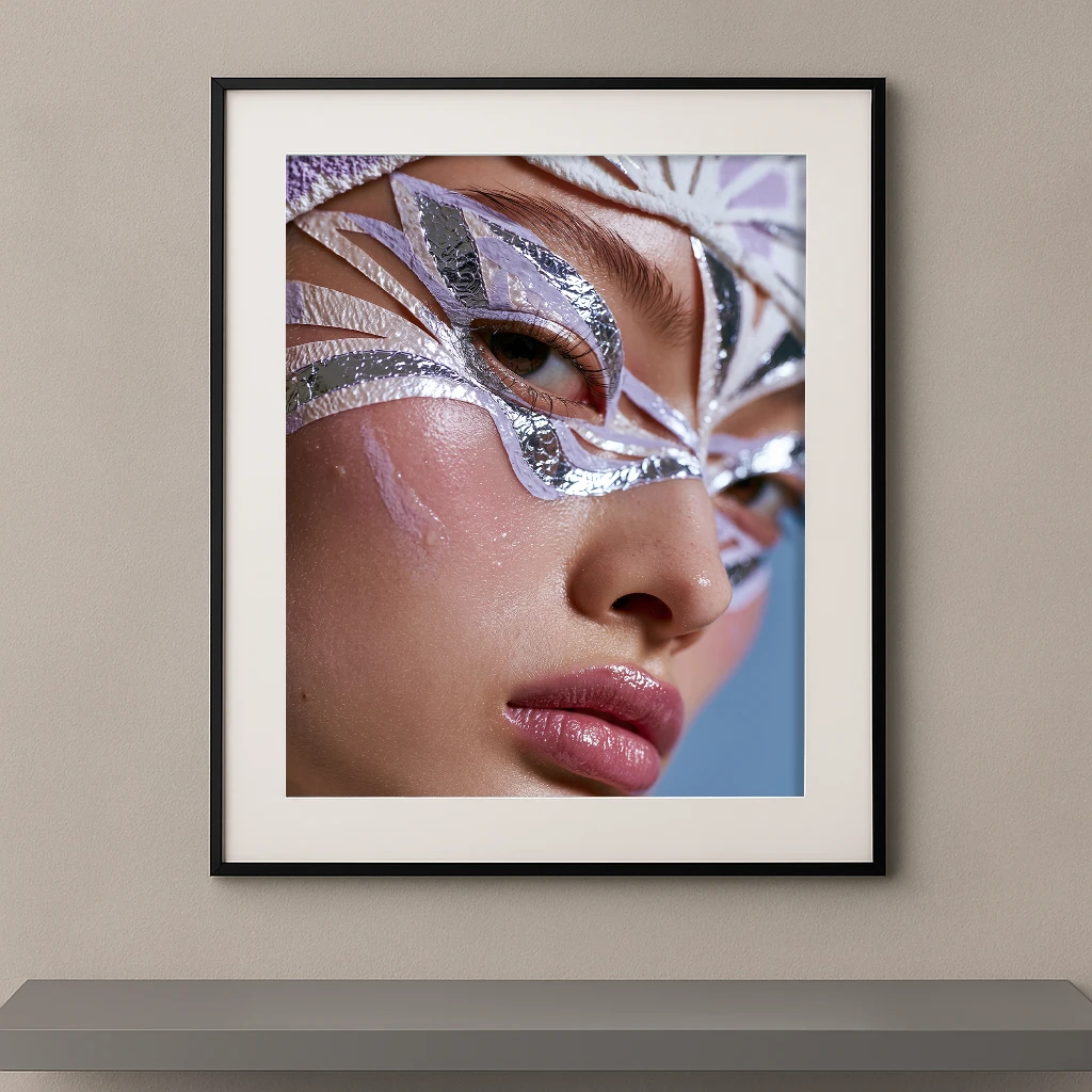 Portrait artistique en gros plan d'une femme portant un maquillage graphique argenté aux formes géométriques métalliques autour des yeux.