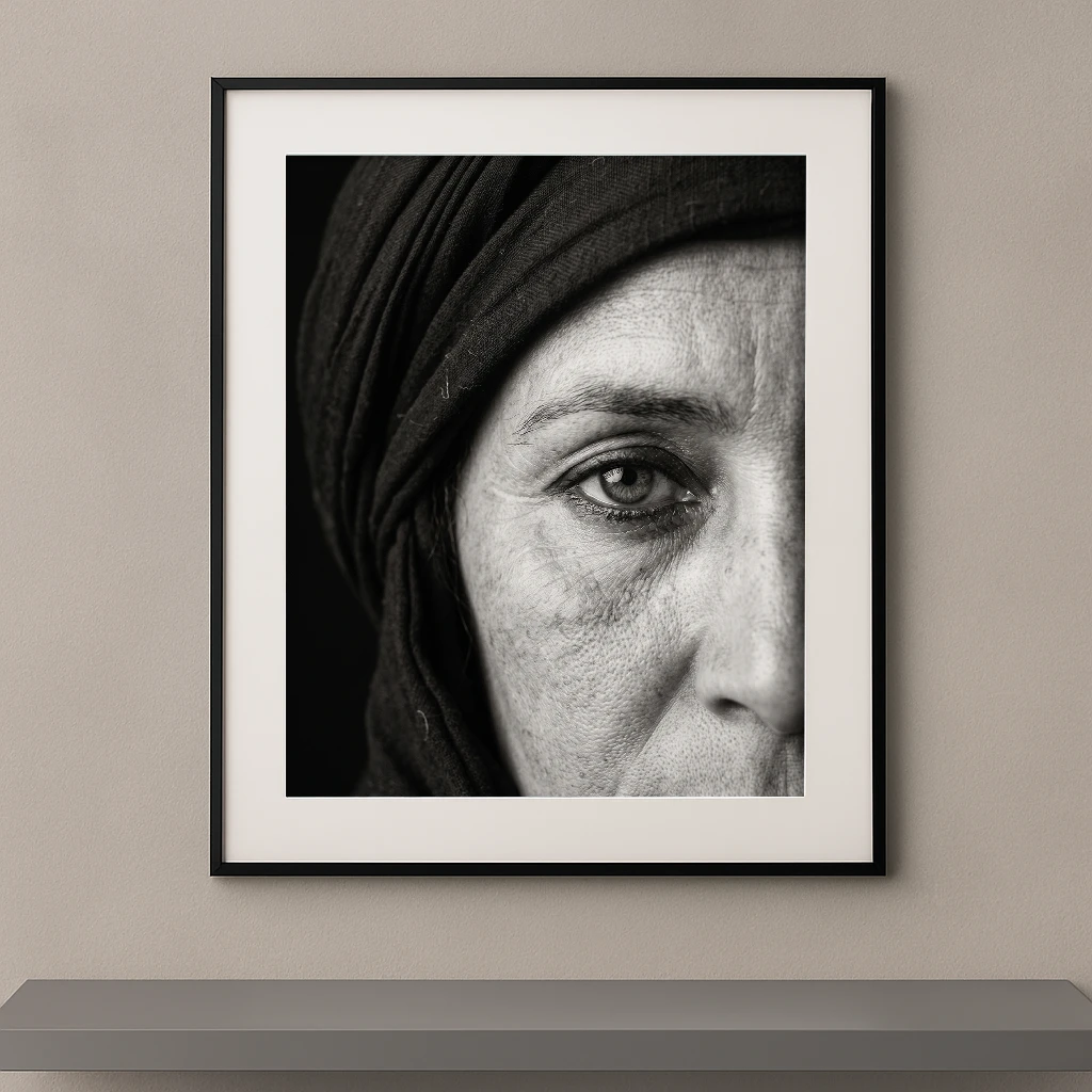 Tableau portrait noir et blanc en très gros plan d’une femme Touareg centré sur son regard