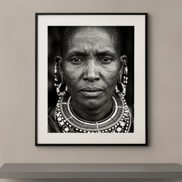 Tableau portrait noir et blanc frontal d’une femme portant des bijoux et ornements traditionnels
