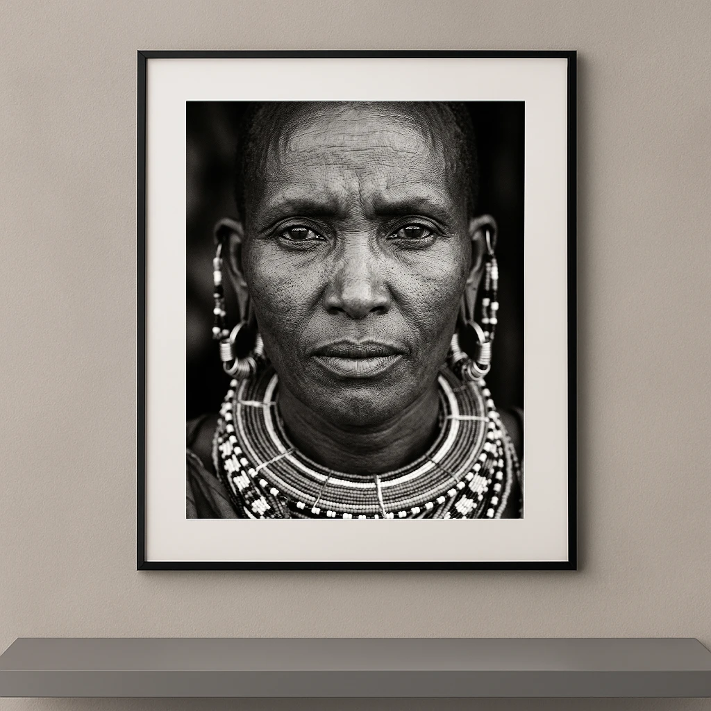 Tableau portrait noir et blanc frontal d’une femme portant des bijoux et ornements traditionnels