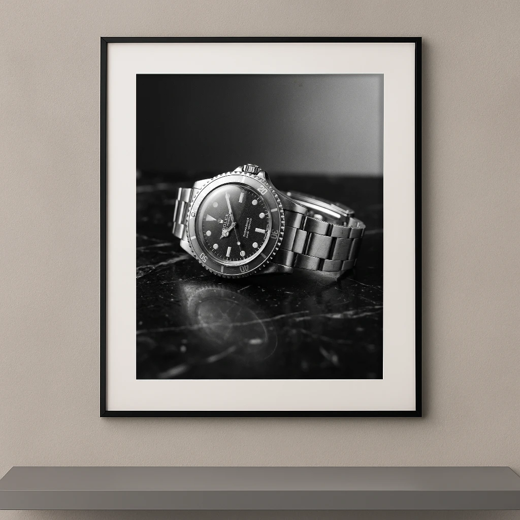 Tableau noir et blanc d’une montre Rolex Submariner vintage posée sur du marbre noir