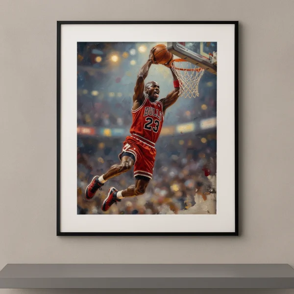 Tableau mural peinture à l'huile d'un basketteur en plein dunk en tenue rouge et noir