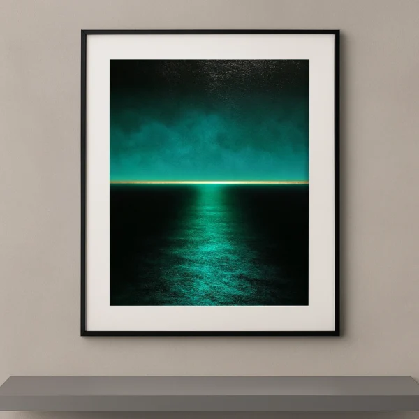 Tableau contemporain Reflet Émeraude représentant un ciel vert émeraude au-dessus d'une mer sombre avec un reflet lumineux sur l'eau.