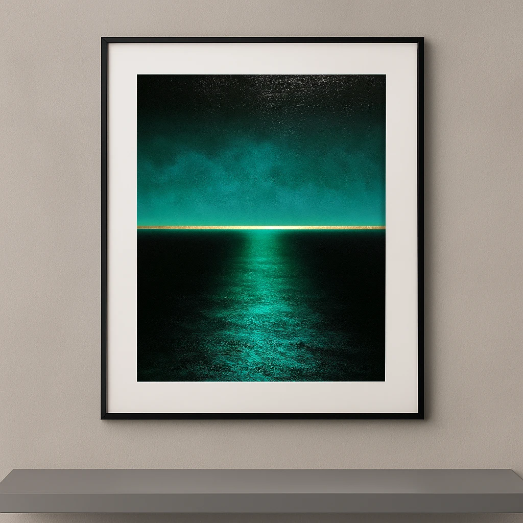 Tableau contemporain Reflet Émeraude représentant un ciel vert émeraude au-dessus d'une mer sombre avec un reflet lumineux sur l'eau.