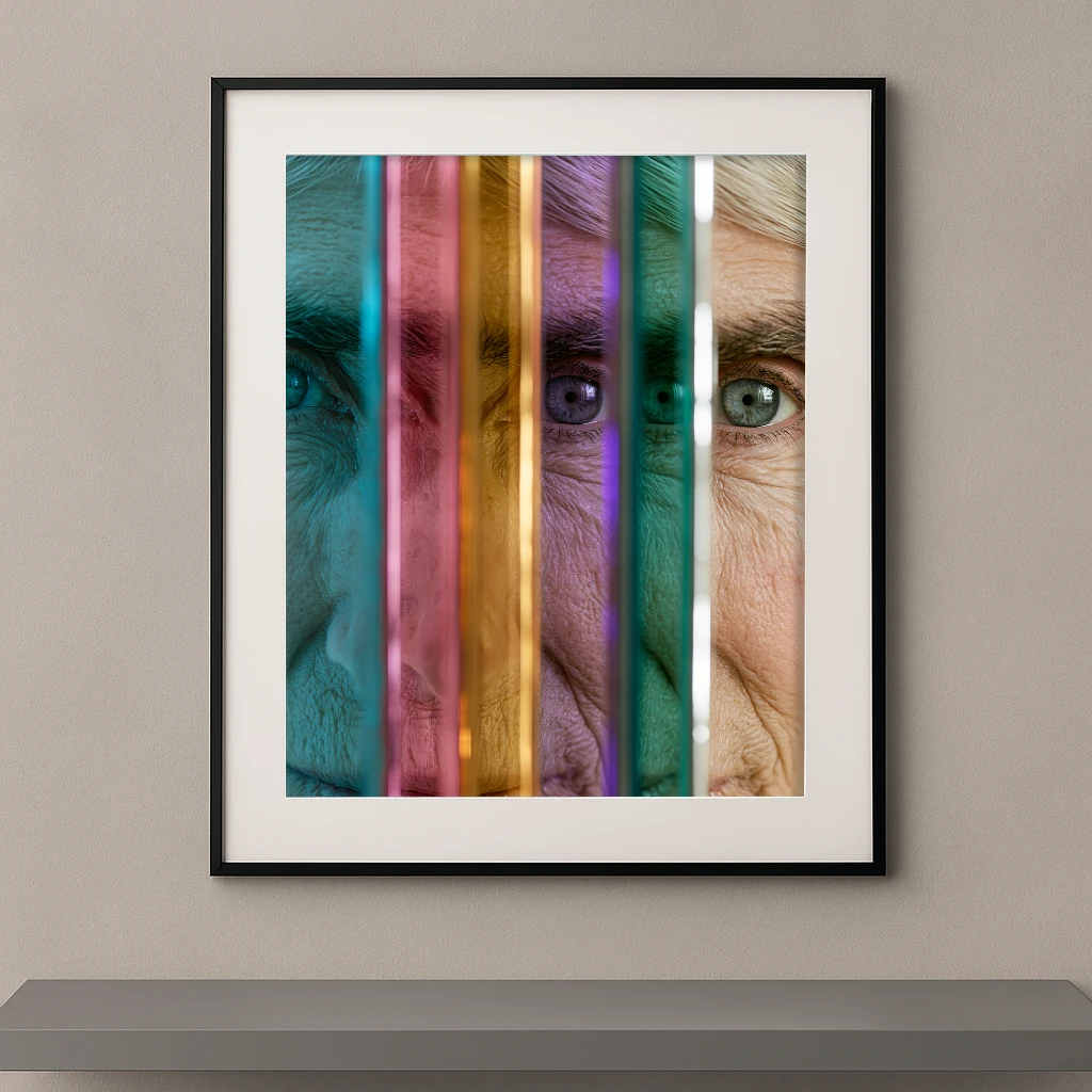 Regards en Transparence, visage mature fragmenté par des panneaux verticaux colorés