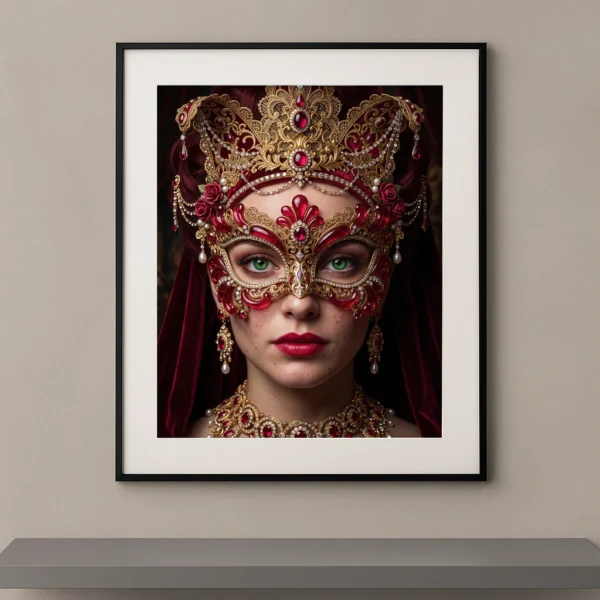 Portrait d'une femme portant un masque vénitien rouge et or richement orné de pierres rubis, de perles et de bijoux inspirés du Carnaval de Venise.