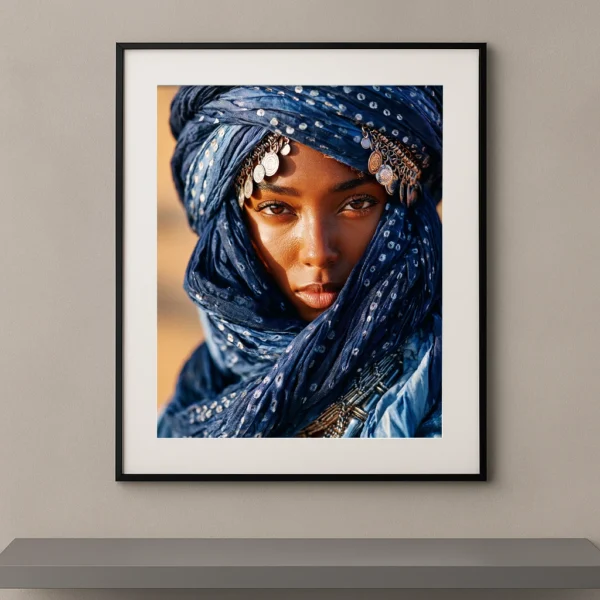 Portrait Fine Art d'une femme nomade portant un voile bleu indigo traditionnel et des bijoux sahariens sous la lumière dorée du désert.