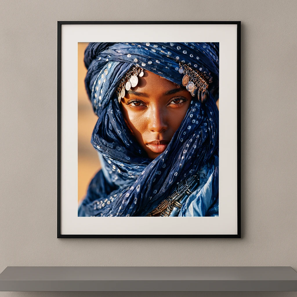 Portrait Fine Art d'une femme nomade portant un voile bleu indigo traditionnel et des bijoux sahariens sous la lumière dorée du désert.