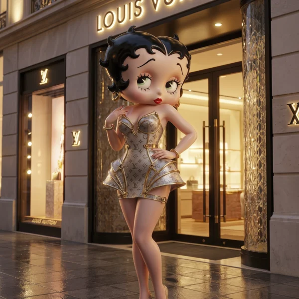 Retro Diva – Luxury Avenue, diva rétro pop en robe couture dorée devant une boutique de luxe parisienne, art mural premium