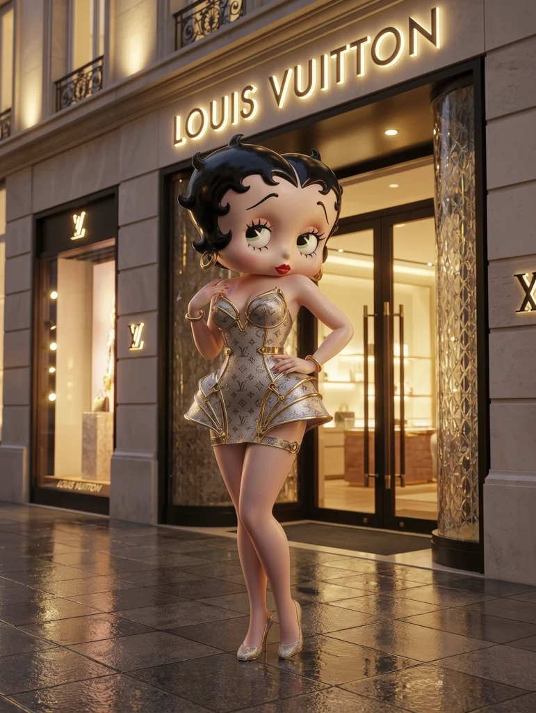 Retro Diva – Luxury Avenue, diva rétro pop en robe couture dorée devant une boutique de luxe parisienne, art mural premium