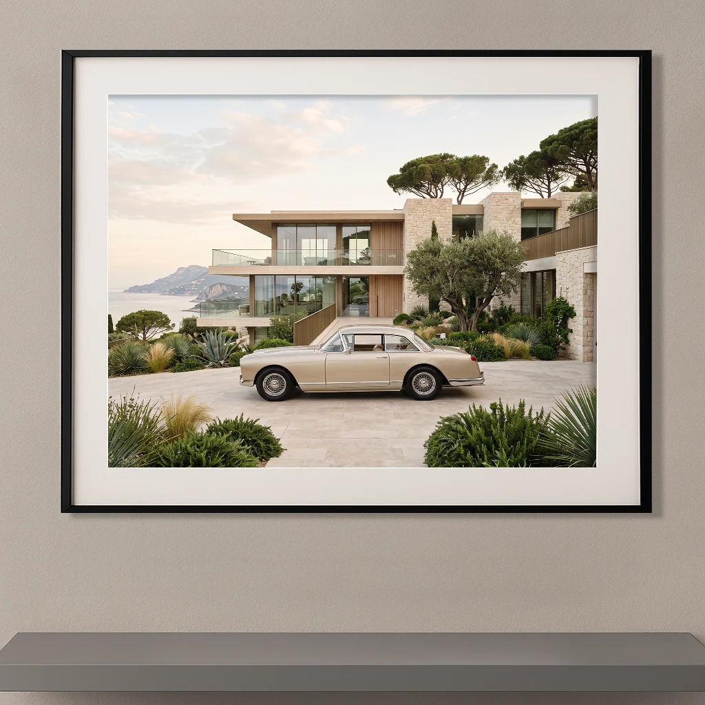 Lancia Flaminia Coupé ivoire stationnée devant une villa contemporaine avec vue sur la Méditerranée, photographie Fine Art.