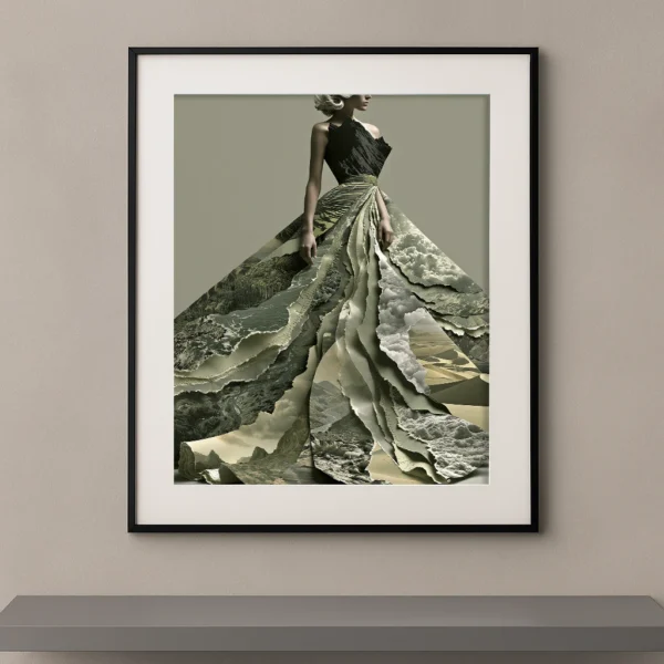Robe des Horizons, femme portant une robe monumentale composée de paysages superposés