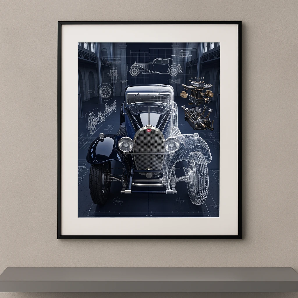 Tableau Royal Blueprint représentant une Bugatti Royale Type 41 entourée de plans techniques, modélisation filaire et composants mécaniques dans une composition d'ingénierie automobile.