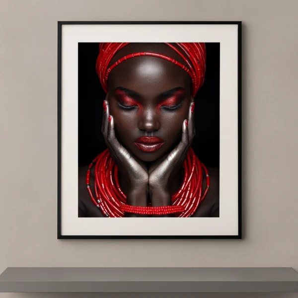 Portrait artistique de beauté ethnique avec parures rouges traditionnelles, maquillage rouge intense, yeux fermés et fond noir minimaliste.