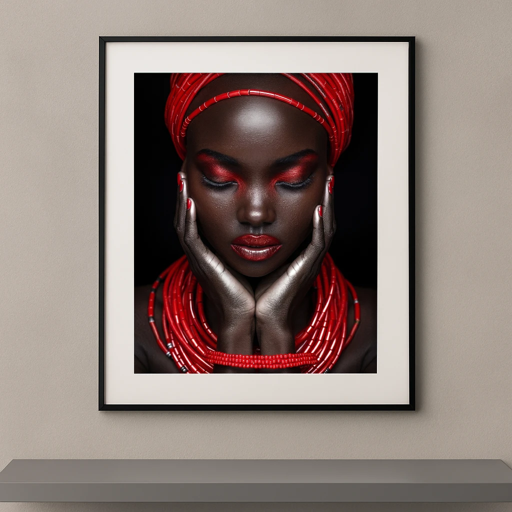 Portrait artistique de beauté ethnique avec parures rouges traditionnelles, maquillage rouge intense, yeux fermés et fond noir minimaliste.