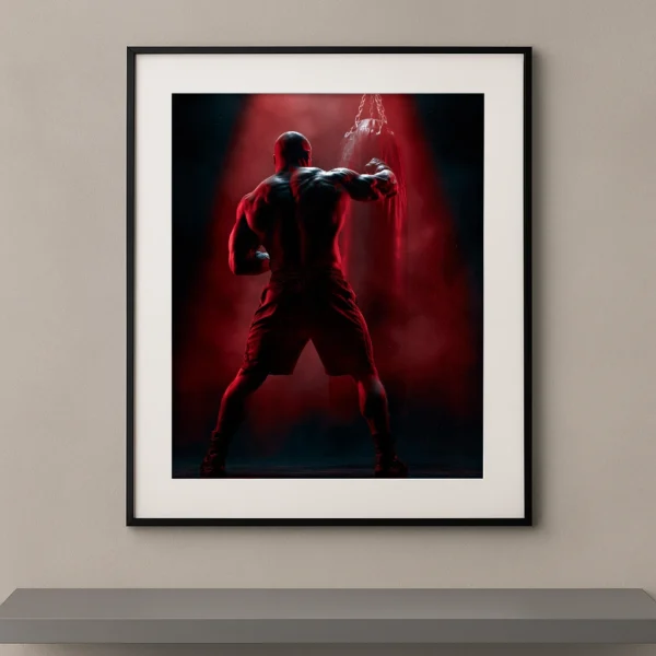 Tableau mural silhouette d'un boxeur frappant un sac de frappe suspendu sous une lumière rouge