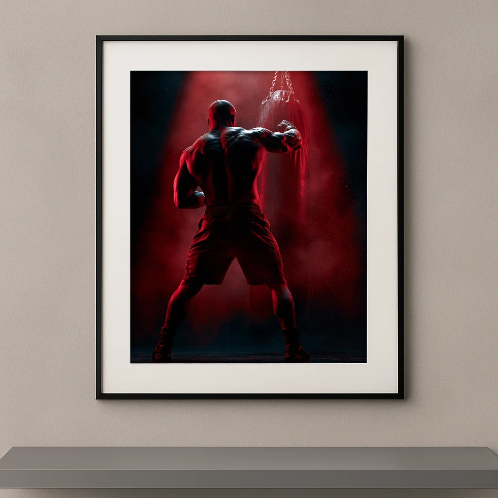 Tableau mural silhouette d'un boxeur frappant un sac de frappe suspendu sous une lumière rouge