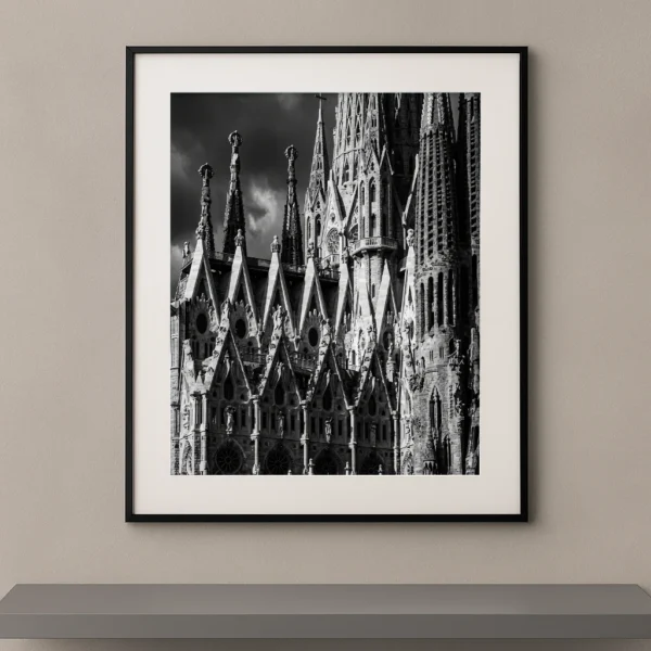 Tableau noir et blanc des tours sculptées de la Sagrada Família à Barcelone