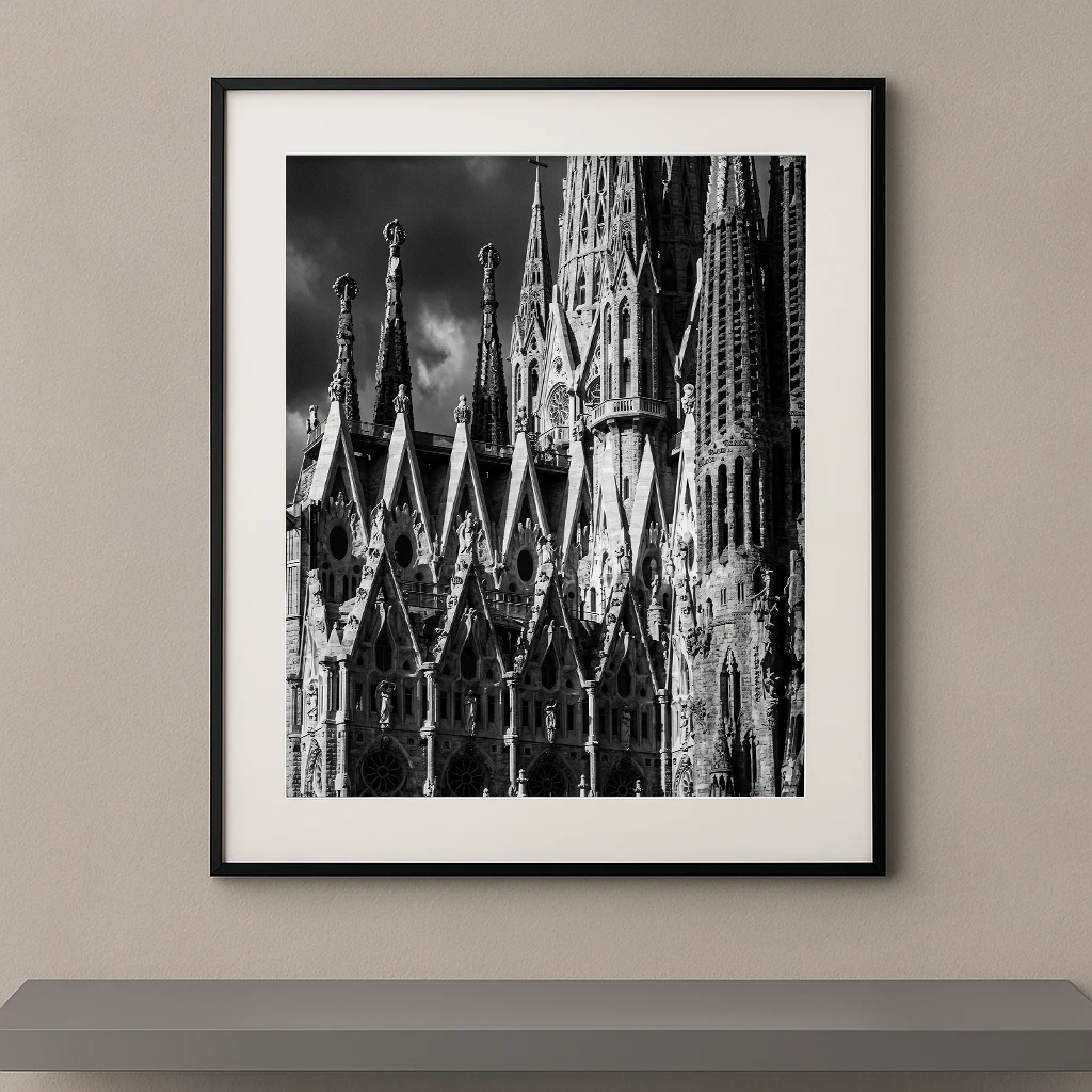 Tableau noir et blanc des tours sculptées de la Sagrada Família à Barcelone
