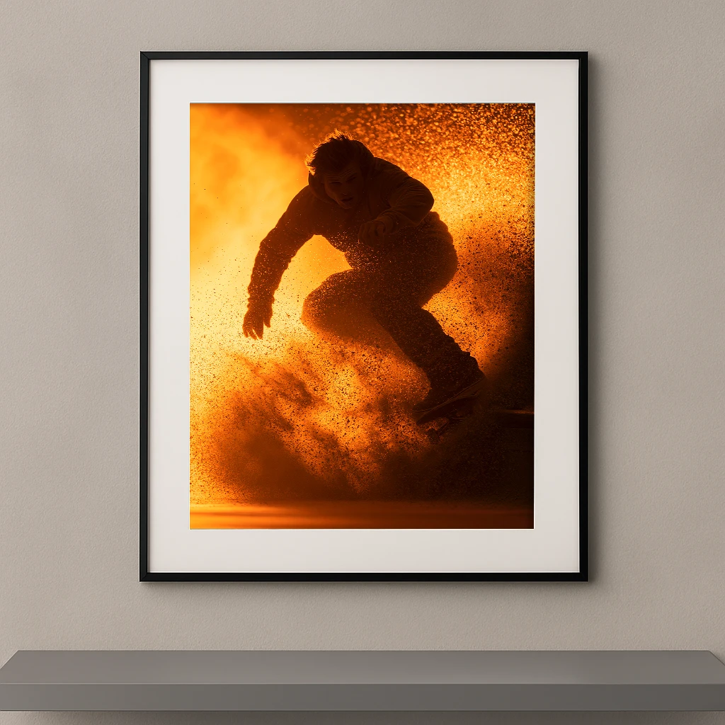 Tableau mural silhouette d'un skateur en pleine figure dans une explosion de poussière dorée