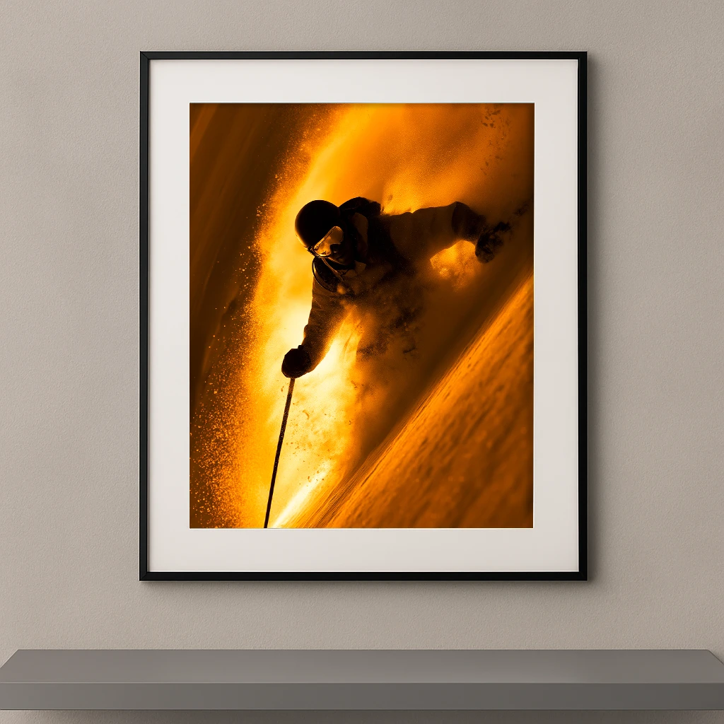 Tableau mural skieur freeride en pleine carve dans une explosion de neige poudreuse dorée