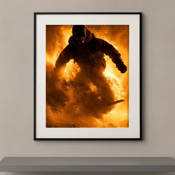 Tableau mural silhouette d'un snowboardeur dans une explosion de neige poudreuse dorée