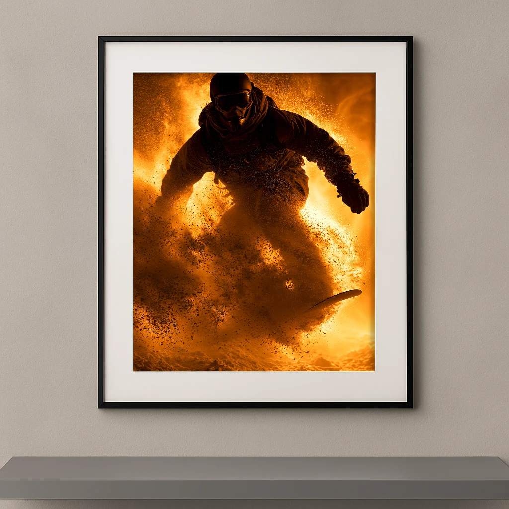 Tableau mural silhouette d'un snowboardeur dans une explosion de neige poudreuse dorée