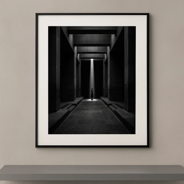 Tableau noir et blanc d’une silhouette humaine isolée sous un faisceau de lumière
