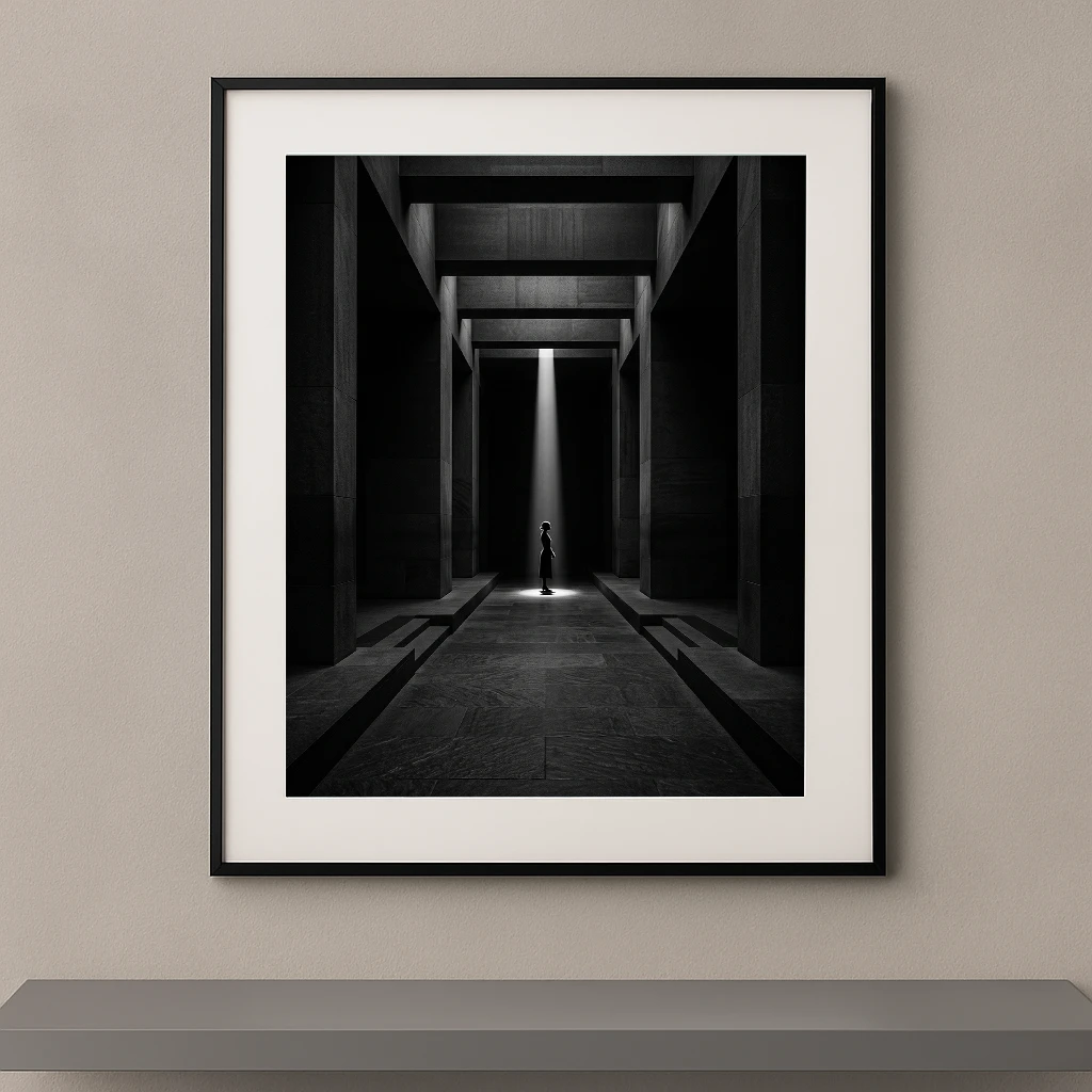 Tableau noir et blanc d’une silhouette humaine isolée sous un faisceau de lumière