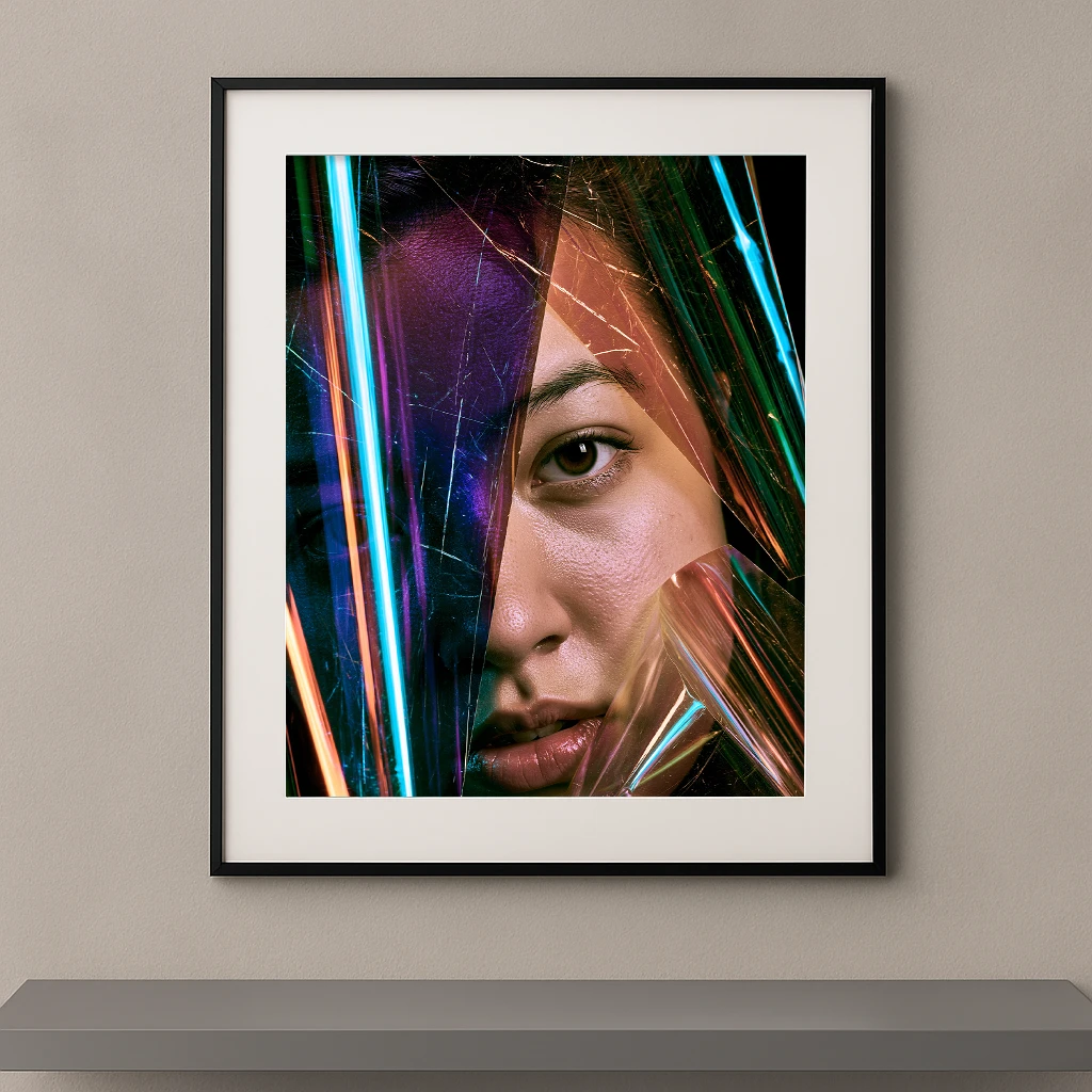 Tableau portrait féminin en gros plan traversé par des plaques transparentes et des reflets bleus, cyan et magenta