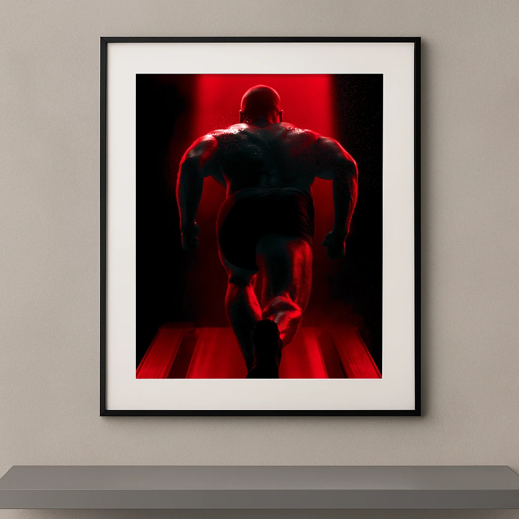 Tableau mural silhouette d'un athlète sprintant sur un tapis de course sous une lumière rouge intense